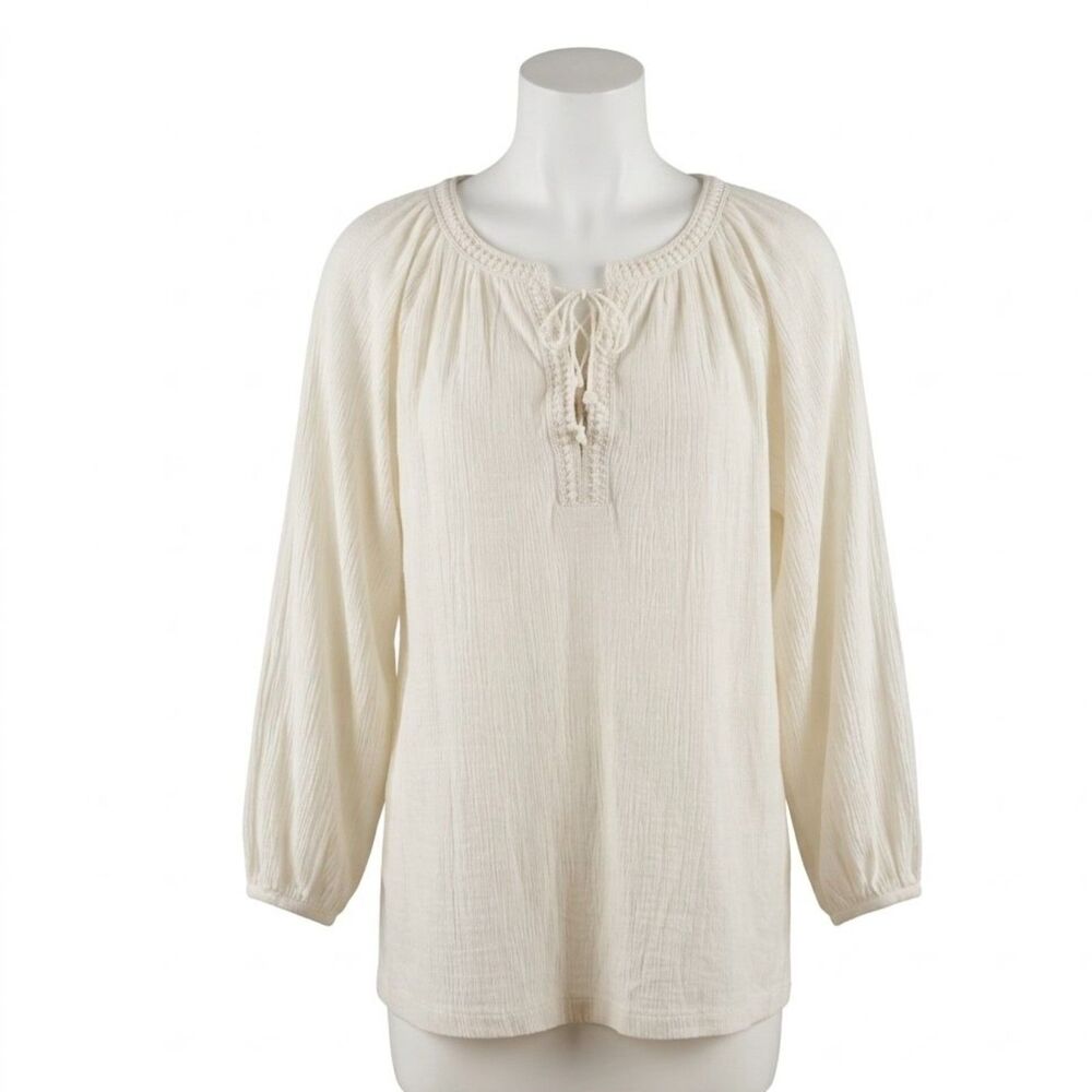 Chaps Ivory White Peasant Blouse Boho Shabby Chic Coastal Cowgirl Size Large NWT